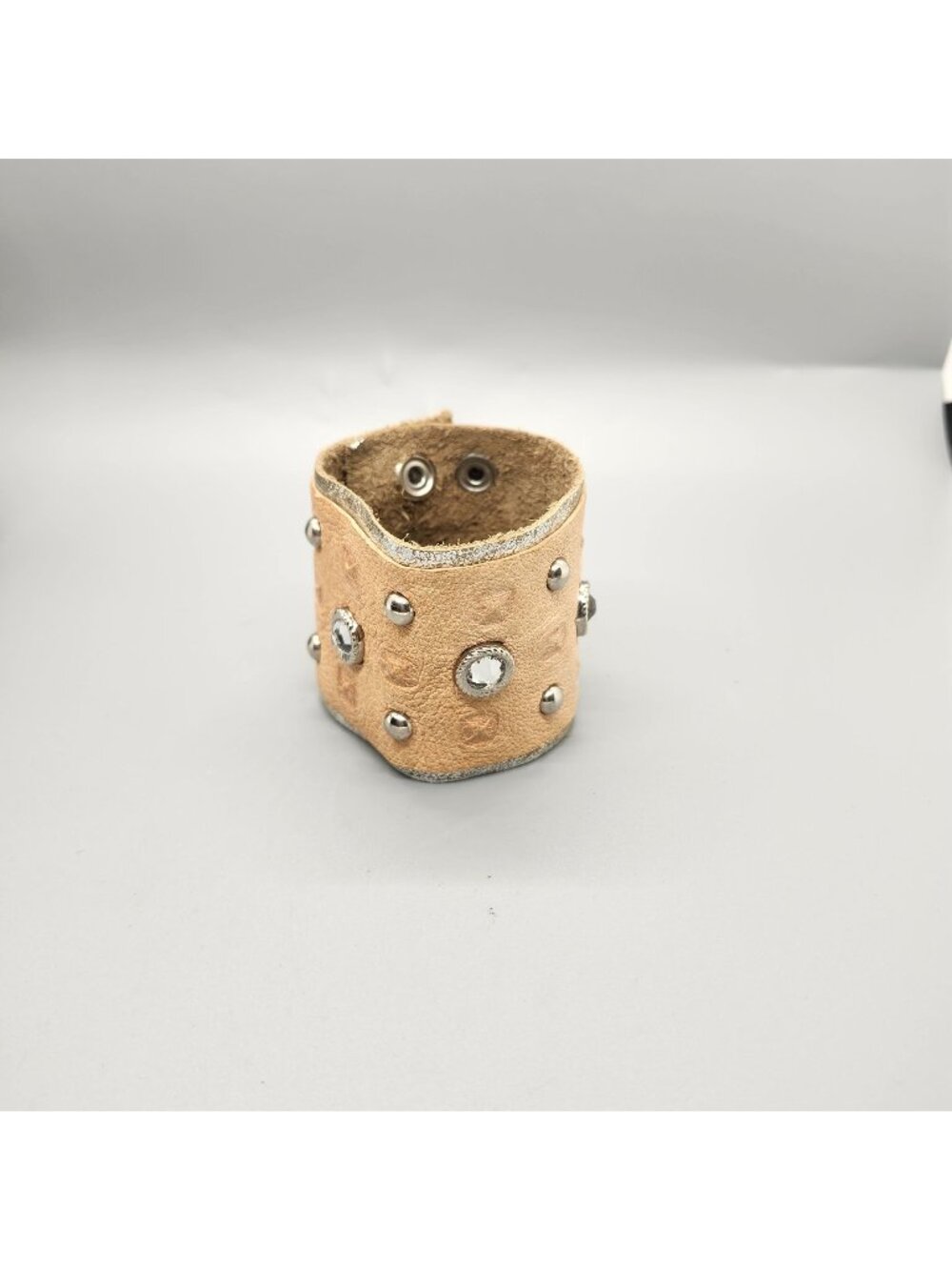 Tan Leather Wide Cuff Bracelet With Rhinestone & Stud Accents Adjustable Snap Cl